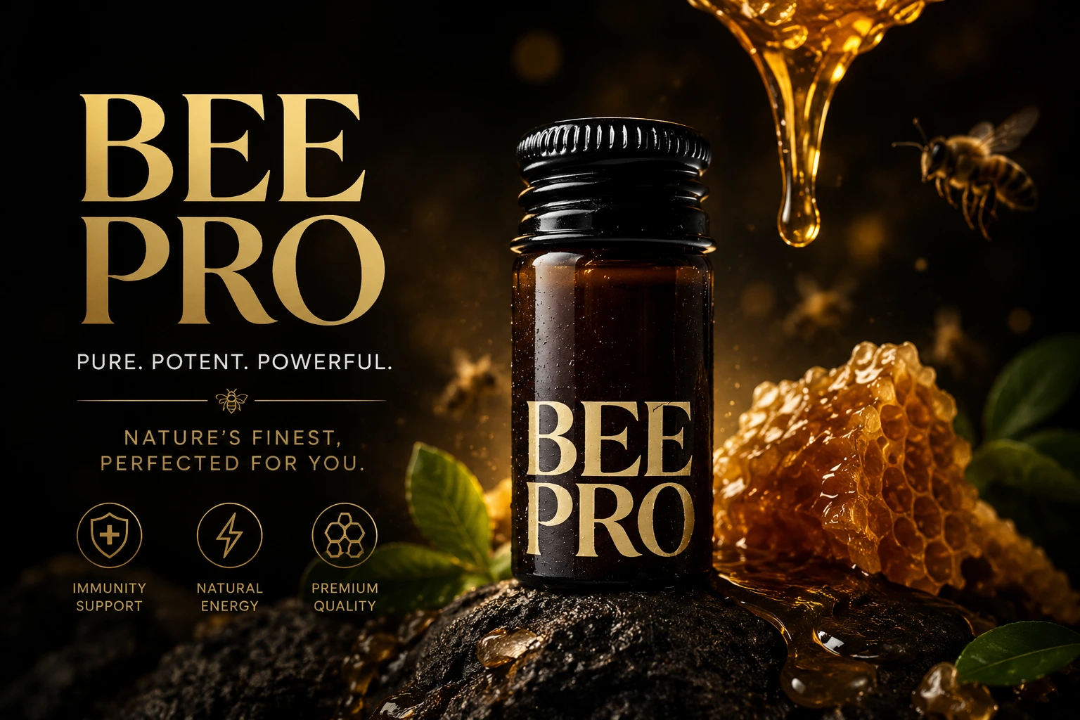 Bee Pro premium stingless bee honey and propolis cellular wellness product with honeycomb and golden bee-inspired luxury design.